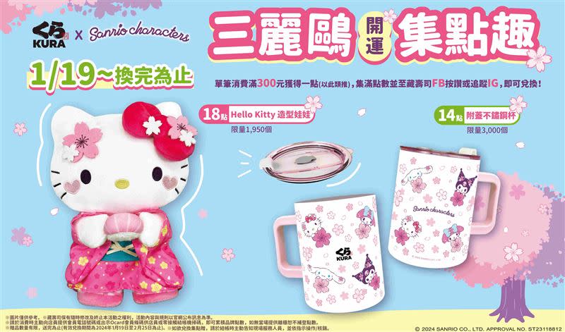 藏壽司x三麗鷗開運集點贈三麗鷗家族附蓋不鏽鋼杯、Hello Kitty造型娃娃1月19日開換。（圖／品牌業者提供）