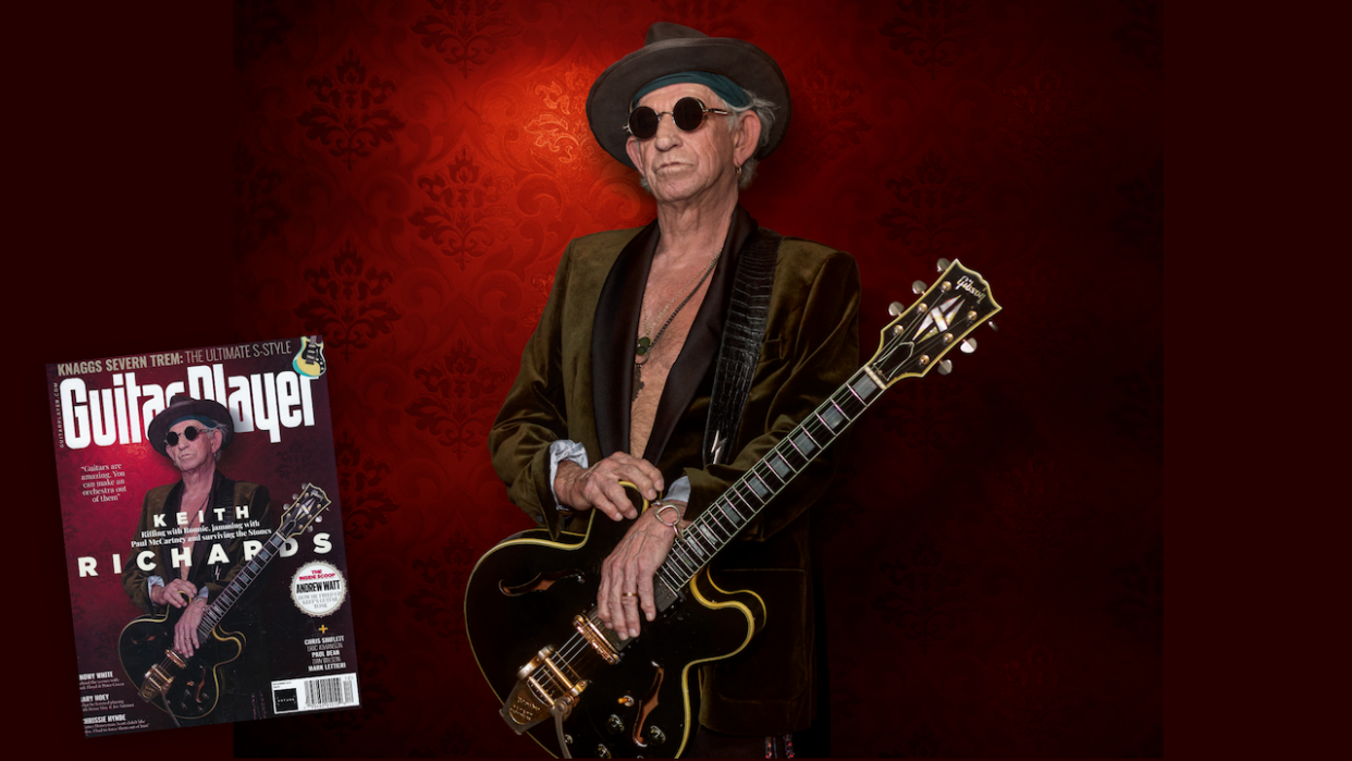  Keith Richards with guitar and the cover of Guitar Player. 