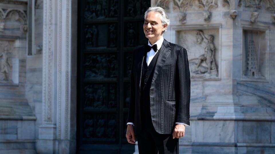 Mandatory Credit: Photo by RemotePhotoPress/Shutterstock (10610925b)Andrea Bocelli outside the Duomo Cathedral, before his 'Music of Hope' performanceAndrea Bocelli's 'Music for Hope' Easter Concert, Duomo Cathedral, Milan, Italy - 12 Apr 2020.