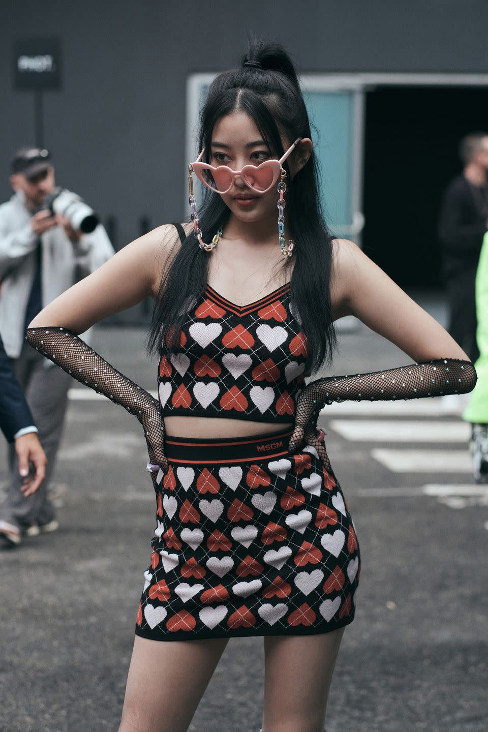 woman wearing a heart adorned knit matching set