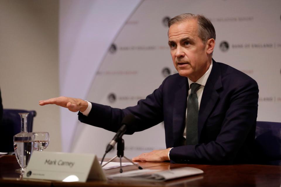 Mark Carney, Governor of the Bank of England speaks during an Inflation Report press conference at the Bank of England in London on  May 2, 2019. - The British economy is likely to weaken in the near-term as firms ease up on Brexit preparations now that Britain's Brexit departure from the European Union has been delayed by months, the Bank of England said today. (Photo by Matt Dunham / POOL / AFP)        (Photo credit should read MATT DUNHAM/AFP/Getty Images)