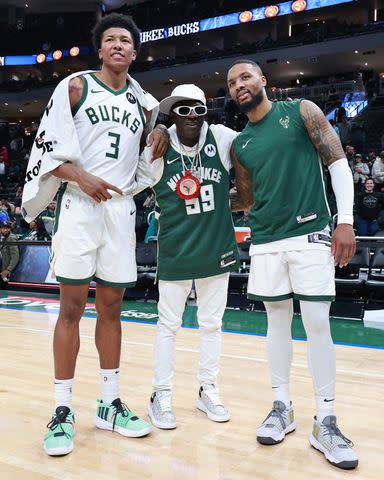 <p>Nathaniel S. Butler/NBAE via Getty </p> MarJon Beauchamp, Flavor Flav, Damian Lillard in Milwaukee on Oct. 29, 2023