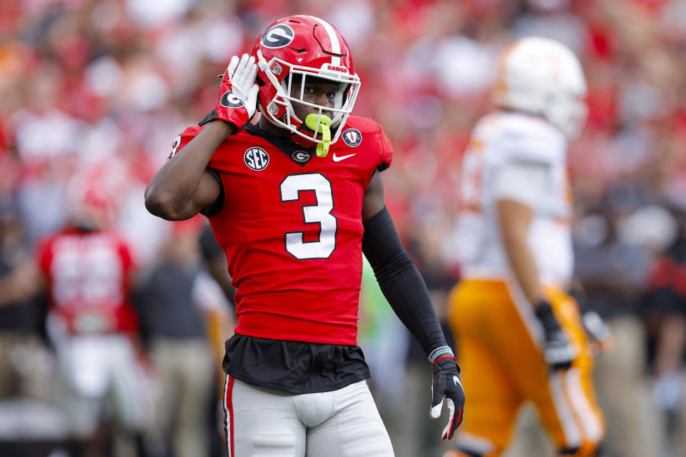 ATHENS, GEORGIA – NOVEMBER 05: Kamari Lassiter #3 of the Georgia Bulldogs reacts after a play against the Tennessee Volunteers during the second quarter at Sanford Stadium on November 05, 2022 in Athens, Georgia. (Photo by Todd Kirkland/Getty Images)