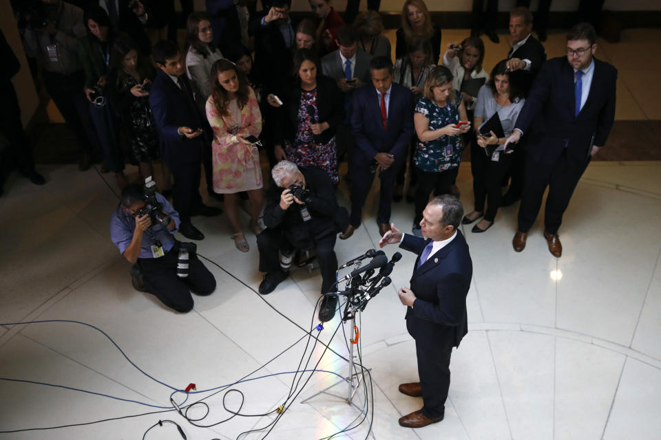 Rep. Adam Schiff, D-Calif., chairman of the House Intelligence Committee, speaks with reporters about a whistleblower complaint Thursday, Sept. 19, 2019, on Capitol Hill in Washington. Schiff says he cannot confirm a press report that said a whistleblower’s complaint concerned a promise President Donald Trump made on a phone call to a foreign leader. (AP Photo/Patrick Semansky)