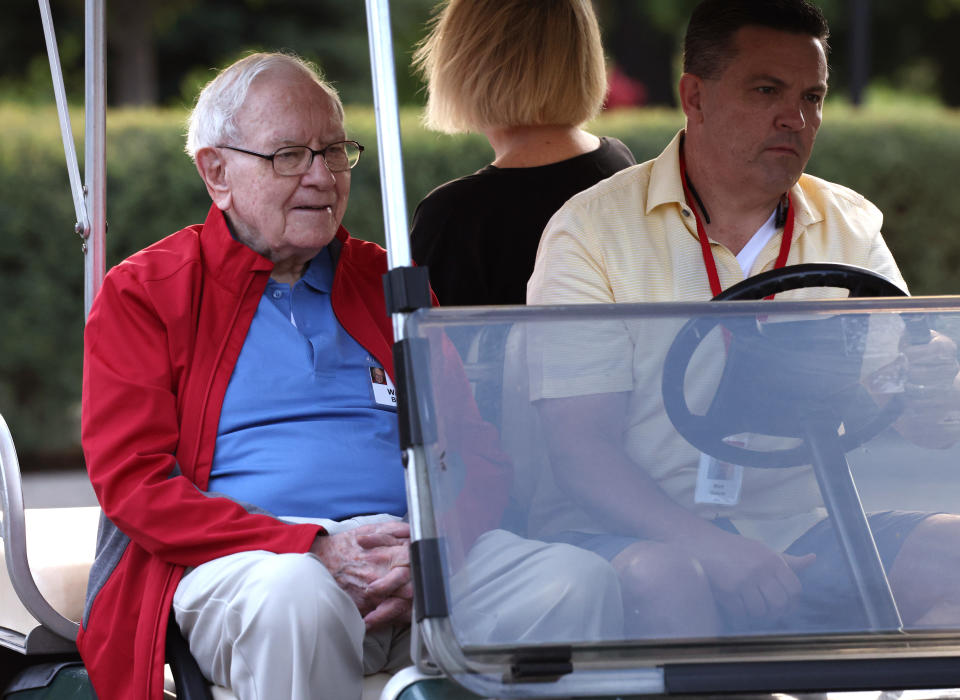 Chairman and CEO of Berkshire Hathaway Warren Buffett rides in a golf cart at the Allen & Company Sun Valley Conference on July 07, 2021 in Sun Valley, Idaho. (Photo by Kevin Dietsch/Getty Images)