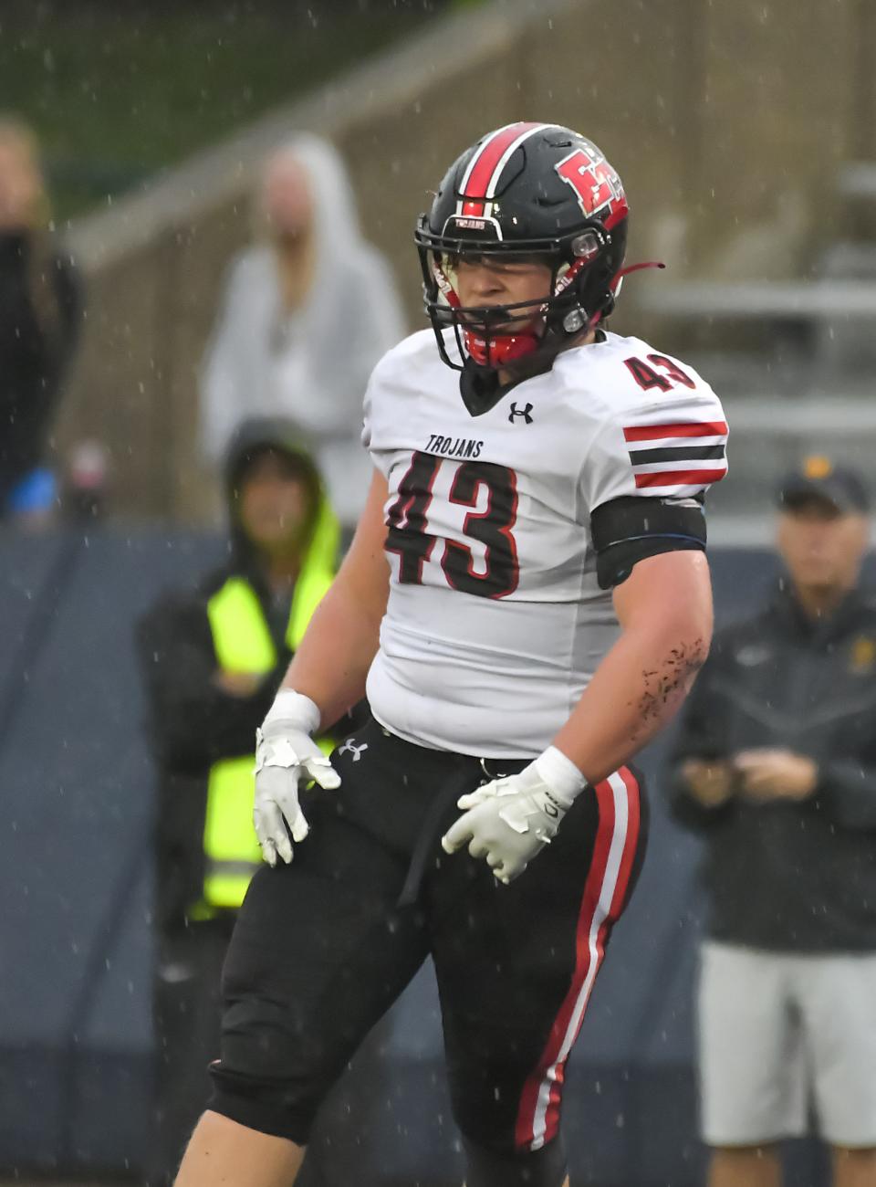 Conner Kuhn of East Central reacts after a tackle against Moeller at Shea Stadium on Saturday, Sept. 3, 2022.