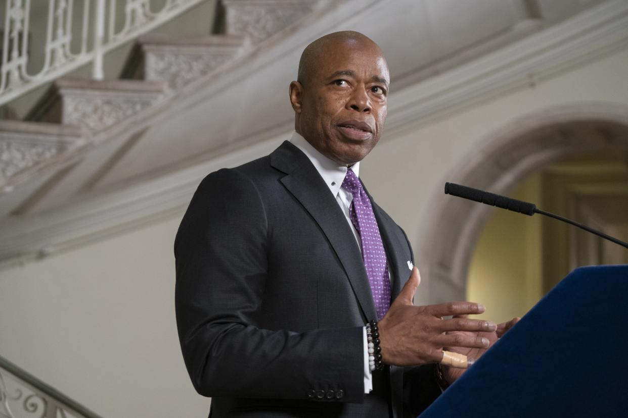 New York City Mayor Eric Adams takes questions from the media at City Hall in lower Manhattan, New York on Thursday, May 19, 2022.