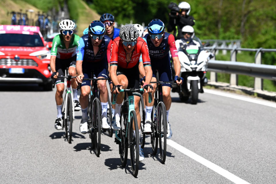 VAL DI ZOLDO  PALAFAVERA ITALY  MAY 25 LR Warren Barguil of France and Team Arka Samsic and Marco Frigo of Italy and Team Israel  Premier Tech compete in the breakaway during the 106th Giro dItalia 2023 Stage 18 a 161km stage from Oderzo to Val di Zoldo  Palafavera 1514m  UCIWT  on May 25 2023 in Val di Zoldo  Palafavera Italy Photo by Tim de WaeleGetty Images