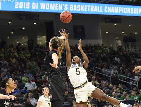 Apr 1, 2019; Chicago, IL, USA; Notre Dame Fighting Irish guard Jackie Young (5) shoots over Stanford Cardinal forward Alanna Smith (11) during the second half in the championship game of the Chicago regional in the women's 2019 NCAA Tournament at Wintrust Arena. Mandatory Credit: David Banks-USA TODAY Sports