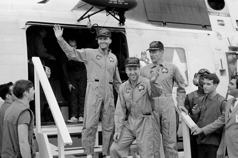 Crewmembers of the Apollo 13 mission step aboard the USS Iwo Jima. On April 13, 1970, an oxygen tank exploded aboard Apollo 13 en route to a planned moon landing. File Photo courtesy of NASA