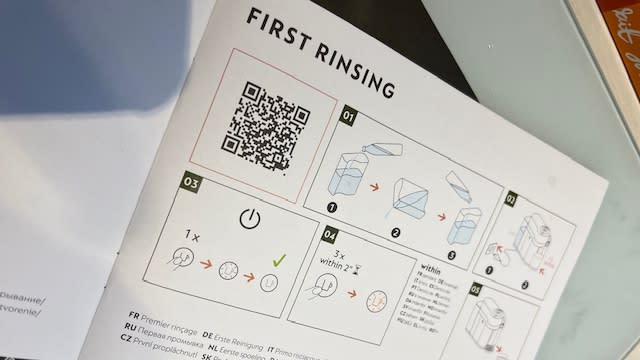 First rinsing info in the manual; the QR code takes you to a useful YouTube video of this process