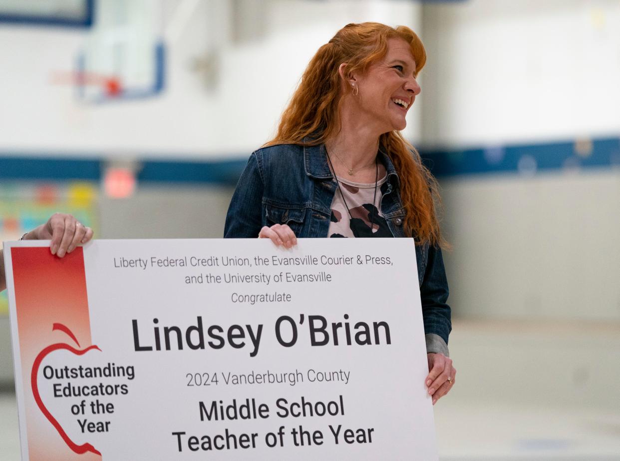 Lindsey O’Brian is honored as Vanderburgh County's 2024 Middle School Teacher of the Year, part of the annual Outstanding Educators of the Year awards, at Helfrich Park STEM Academy, Wednesday, April 10, 2024.