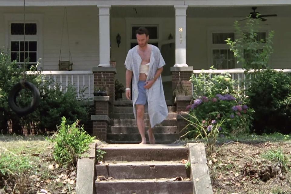 Rick and Laurie’s House. In the very first episode, Rick leaves the hospital on a bicycle and goes to his empty home to sit on the porch. A shot of him outside the house you be great here