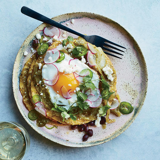 Tostada Chilaquiles Store-bought tostadas make quick work of these high-rising chilaqiles, which are layered with tomatillo salsa and topped with a sunny-side-up egg.  Try the Tostada Chilaquiles recipe.