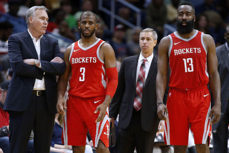 Mike D’Antoni might have to reintroduce Chris Paul and James Harden to his “Seven Seconds or Less” offense. (Getty Images)