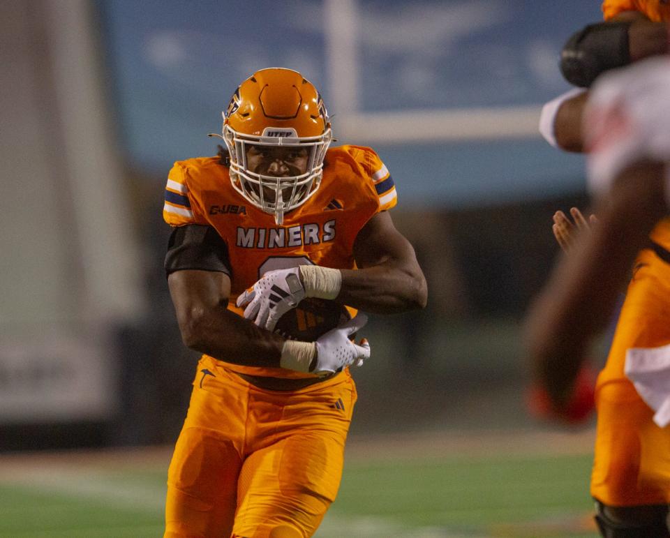 UTEP's Deion Hankins runs down the field near the end zone against WKU on Nov. 4, 2023 at the Sun Bowl.