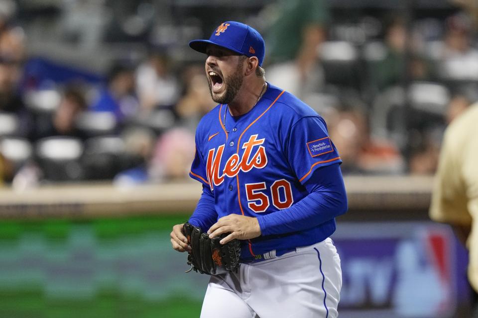 New York Mets relief pitcher Dominic Leone reacts after striking out New York Yankees' Josh Donaldson during the 10th inning of a baseball game Wednesday, June 14, 2023, in New York. (AP Photo/Frank Franklin II)