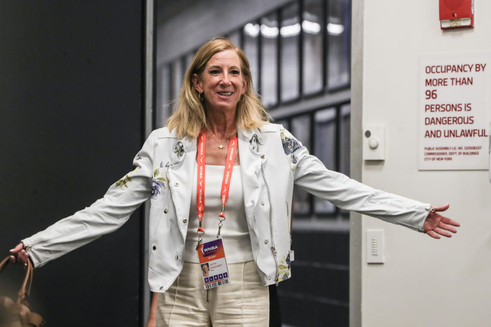 Aug 6, 2023; Brooklyn, New York, USA;  WNBA Commissioner Cathy Engelbert arrives for a press conference prior to the game between the Las Vegas Aces and the New York Liberty at Barclays Center. Mandatory Credit: Wendell Cruz-USA TODAY Sports