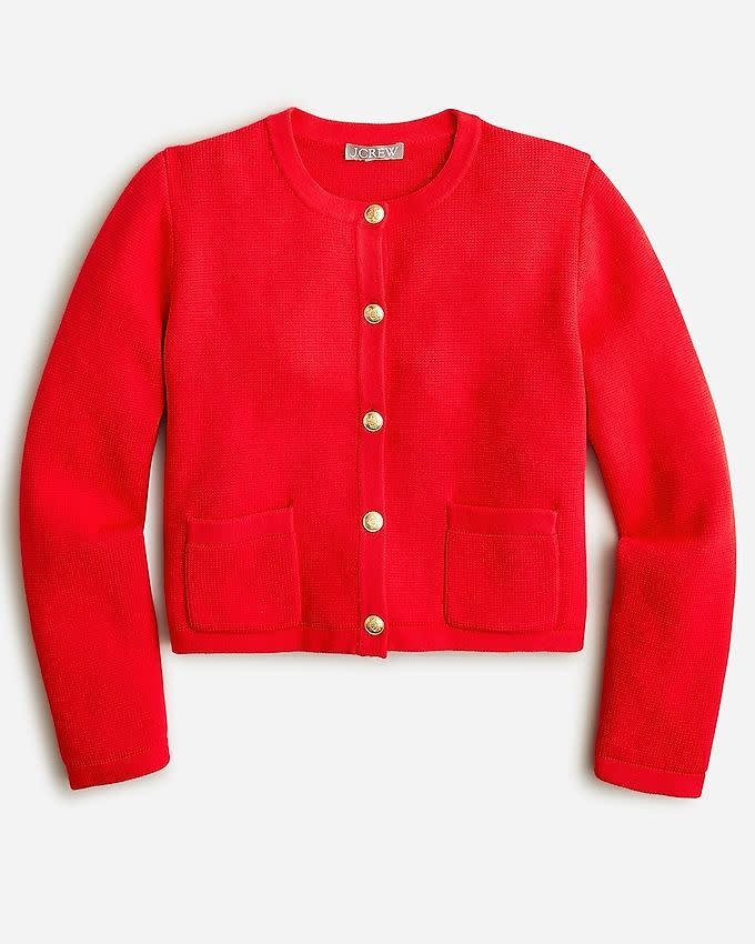 <p><strong>J.Crew</strong></p><p>jcrew.com</p><p><strong>$128.00</strong></p><p><a href="https://go.redirectingat.com?id=74968X1596630&url=https%3A%2F%2Fwww.jcrew.com%2Fus%2Fp%2Fwomens%2Fcategories%2Fclothing%2Fblazers%2Fsweater-blazers%2Femilie-patch-pocket-sweater-lady-jacket%2FBQ197&sref=https%3A%2F%2Fwww.townandcountrymag.com%2Fstyle%2Ffashion-trends%2Fg43365626%2Fbest-cardigan-jackets%2F" rel="nofollow noopener" target="_blank" data-ylk="slk:Shop Now;elm:context_link;itc:0;sec:content-canvas" class="link ">Shop Now</a></p><p>This lively poppy hue is hard to resist. Style with jeans and loafers for the ultimate preppy look. </p>