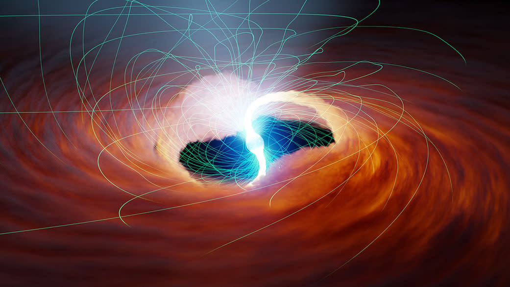  A glowing neutron star swirls against a fiery orange background with whips of megnetic field spinning out 