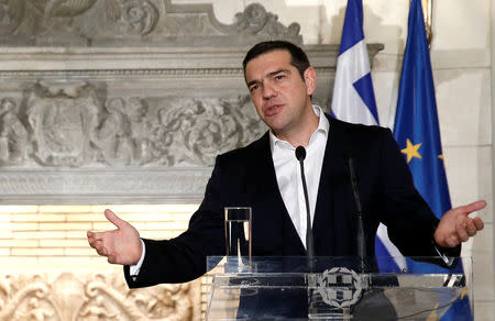 Greek Prime Minister Alexis Tsipras and German Chancellor Angela Merkel (not pictured) hold a joint news conference at the Maximos Mansion in Athens, Greece, January 10, 2019. REUTERS/Costas Baltas