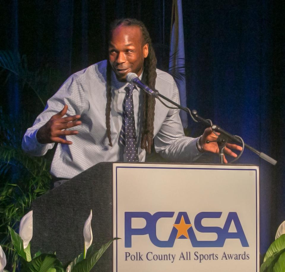 Chris Richard, 2023 Hall of Fame Class recipient, speaks after receiving the award during the 2023 Polk County All Sports Awards ceremony at The RP Funding Center in Lakeland Tuesday night. June 13, 2023.