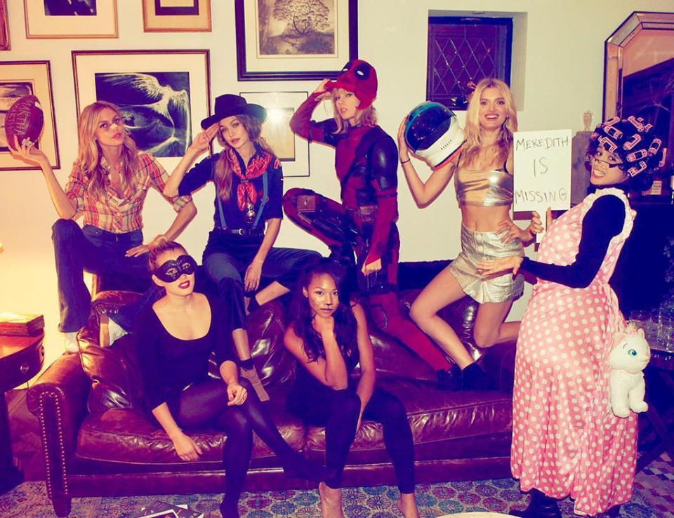 <p>On Halloween night, Swift (disguised as Deadpool) and her squad, including models Gigi Hadid and Martha Hunt, made for a motley crew. “Happy Halloween from Deadpool, a Cub Scout, Martha Brady, a space cadet, a granny with a lost cat, black swan, and a birthday girl dressed as a cat,” she shared with fans. (Photo: <a rel="nofollow noopener" href="https://www.instagram.com/p/BMQBKFkBVcd/?taken-by=taylorswift&hl=en" target="_blank" data-ylk="slk:Instagram;elm:context_link;itc:0;sec:content-canvas" class="link ">Instagram</a>) </p>