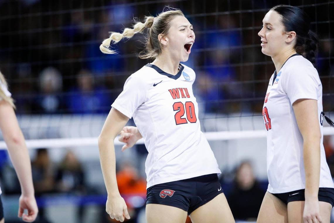 Western Kentucky’s Katie Isenbarger (20) celebrates scoring against Bowling Green State on Thursday night.