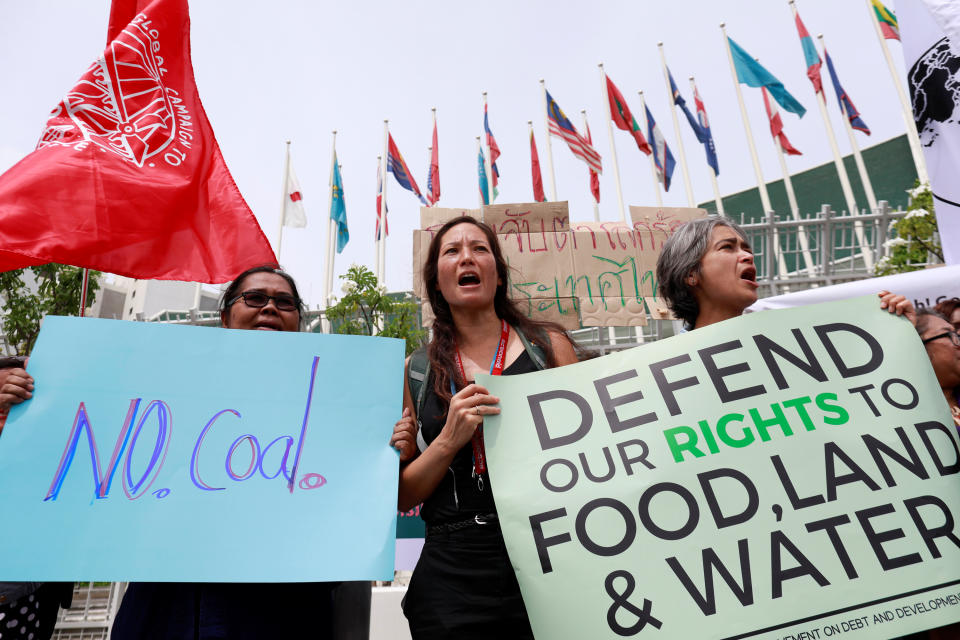 <span class="s1">Environmental activists protest at the U.N. Conference Centre in Bangkok on Tuesday, the first day of the Climate Change Conference. (Photo: Soe Zeya Tun/Reuters)</span>