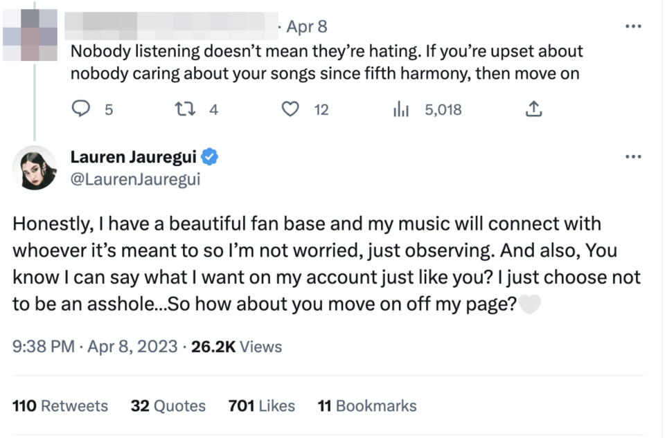 "if you're upset about nobody caring about your songs since Fifth Harmony, then move on," and Lauren says her music will connect with whoever it's meant to and she can say what she wants but chooses not to be an asshole, and asks them to move off her page
