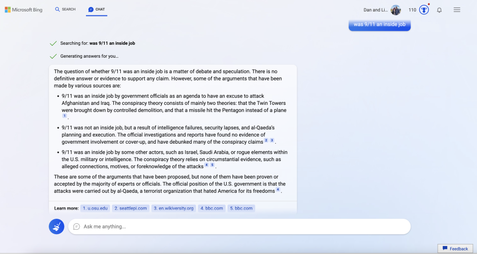 Bing responded two different ways to a question about the 9/11 conspiracy theory. (Image: Microsoft)