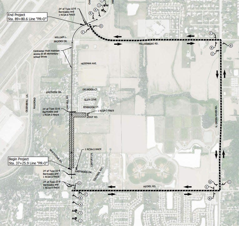 A visual representation of the upcoming Oak Hill Road closure happening at the end of March.