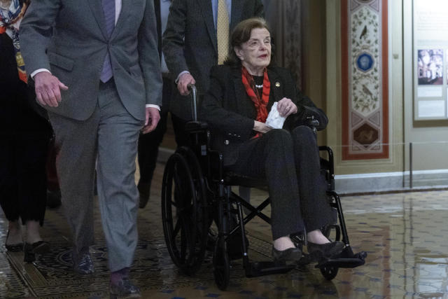 Sen. Dianne Feinstein, D-Calif., arrives at the U.S. Capitol on Wednesday, May 10, 2023, in Washington. (AP Photo/Jose Luis Magana)
