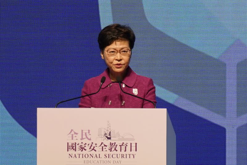 FILE PHOTO: Hong Kong Chief Executive Carrie Lam speaks at a ceremony marking the National Security Education Day in Hong Kong