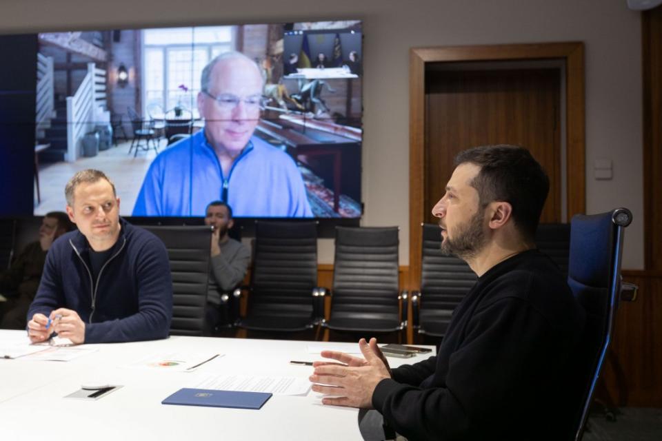 Ukrainian President Volodymyr Zelenskyy holds a video conference with BlackRock CEO Larry Fink. (Source: Official website of the president of Ukraine.)