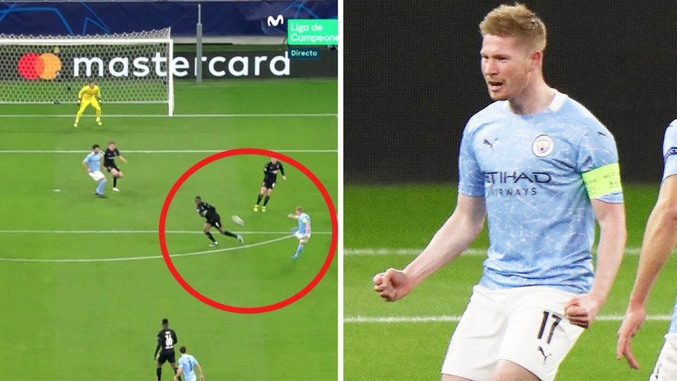 Kevin De Bruyne (pictured right) celebrating after scoring a long-range goal (pictured left) in the Champions League.