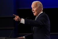 Democratic presidential candidate former Vice President Joe Biden gestures while speaking during the first presidential debate Tuesday, Sept. 29, 2020, at Case Western University and Cleveland Clinic, in Cleveland, Ohio. (AP Photo/Julio Cortez)