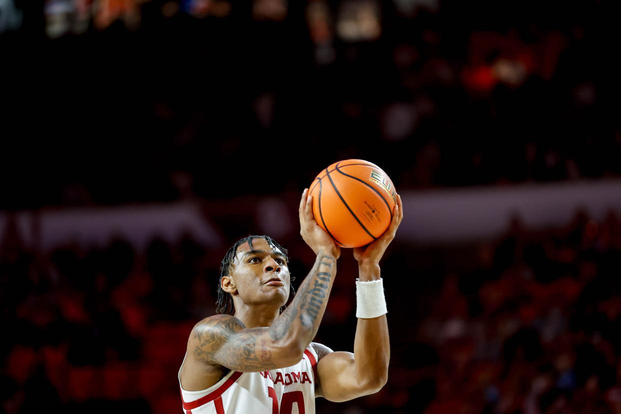 Oklahoma forward Jalon Moore (14) shoots a free throw in the first half during an NCAA basketball game between University of Oklahoma (OU) and Iowa State at the Lloyd Noble Center in Norman, Okla., on Saturday, Jan. 6, 2024.