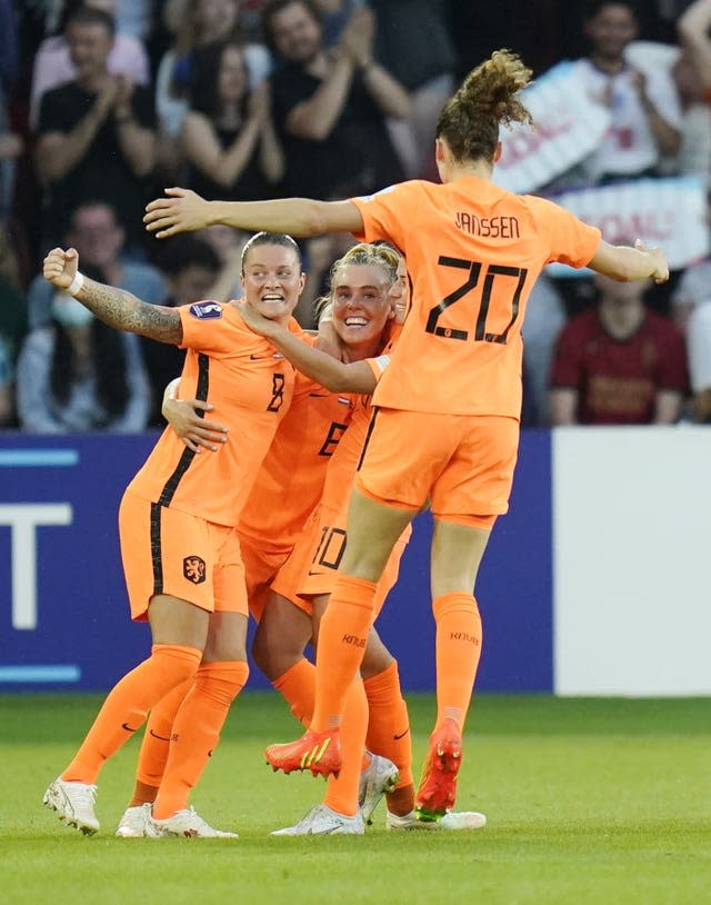 Netherlands’ Jill Roord (centre) celebrates scoring her side’s equaliser against Sweden