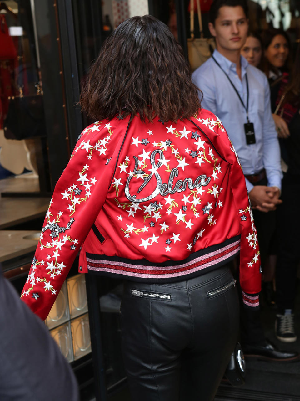 <p>The back of the jacket features customized embroidery, reading “Selena” in sequins. (Photo: Splash) </p>