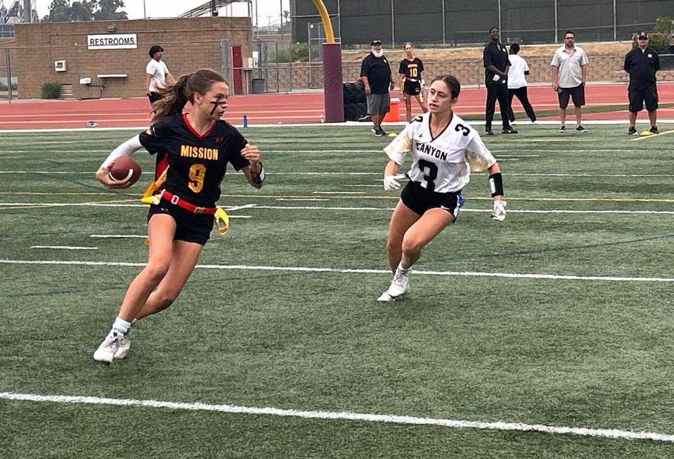 California high school players Hannah Horton (Canyon High School) and Claire Parnell (Mission Viejo High) play in a tournament last month.