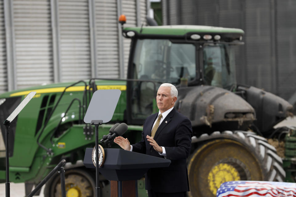 Vice President Mike Pence speaks during a visit to the Manning Farms, Wednesday, Oct. 9, 2019, in Waukee, Iowa. (AP Photo/Charlie Neibergall)