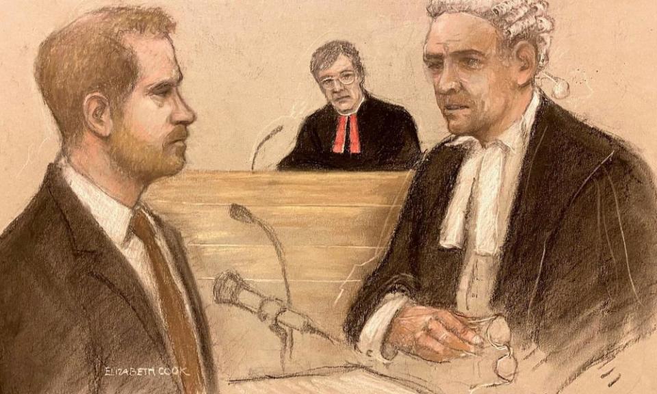 A courtroom sketch of Prince Harry being cross examined by Andrew Green KC, for Mirror Group Newspapers, at the high court in London.