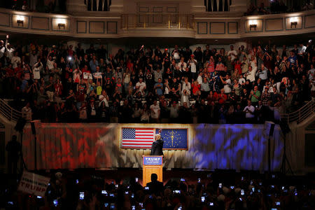 U.S. Republican presidential candidate Donald Trump speaks at a campaign event at The Palladium at the Center for Performing Arts in Carmel, Indiana, U.S. May 2, 2016. REUTERS/Aaron P. Bernstein