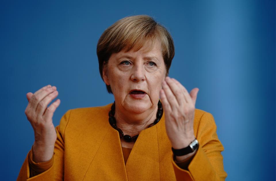 German chancellor Angela Merkel at a conference on the current situation amid the coronavirus pandemic, in Berlin, on Monday. Photo: Kay Nietfeld/ AFP via Getty Images