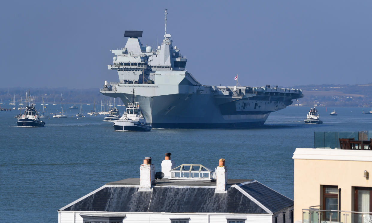 PORTSMOUTH, ENGLAND - MARCH 01: HMS Queen Elizabeth departs from the Naval base on March 01, 2021 in Portsmouth, England. The £3 billion aircraft carrier is expected to undertake an additional series of sea trials in preparation for her first active deployment planned to begin in May. (Photo by Finnbarr Webster/Getty Images