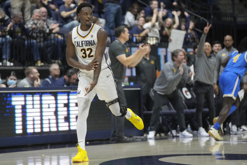 California guard Jalen Celestine (32) reacts after making a 3-point basket during the second half of an NCAA college basketball game against UCLA in Berkeley, Calif., Saturday, Feb. 10, 2024. (AP Photo/Jeff Chiu)