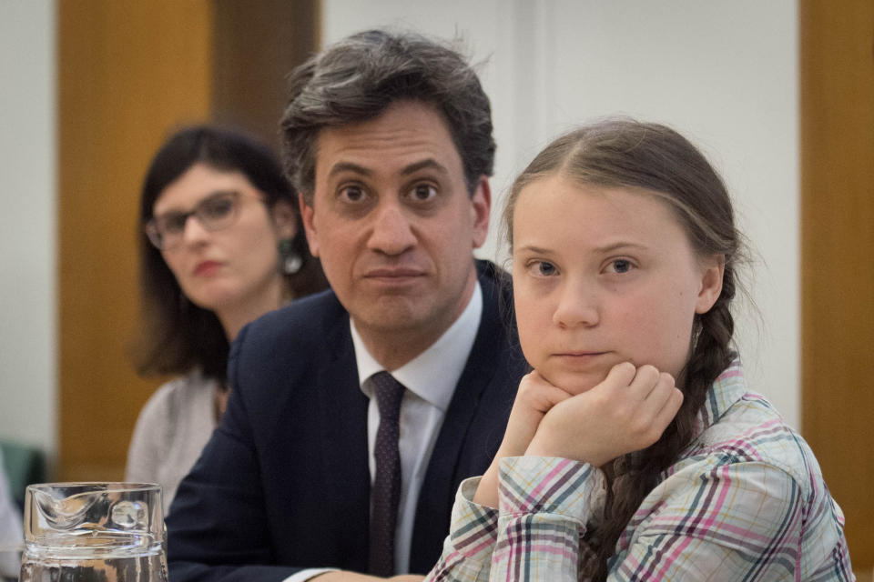 Former Labour leader Ed Miliband (centre) and Swedish climate activist Greta Thunberg (right) at the House of Commons in Westminster, London, to discuss the need for cross-party action to address the climate crisis.