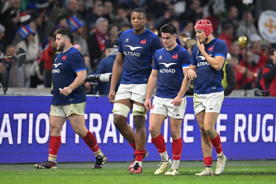 France’s loosehead prop Cyril Baille, lock Cameron Woki, scrum-half Nolann Le Garrec and wing Louis Bielle-Biarrey (AFP via Getty Images)