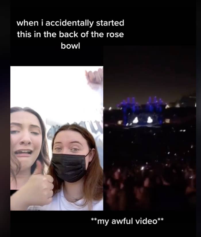 A screengrab of a TikTok has the caption "when I accidentally started this in the back of the rose bowl" with a blurry concert video and an embedded image of a person wearing a mask and giving a thumbs-up